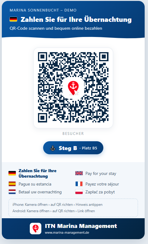 Aushang mit QR-Code am Steg für die Buchung von Tagesliegeplätzen